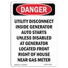 Signmission Safety Sign, OSHA Danger, 24" Height, Rigid Plastic, Utility Disconnect Inside Generator, Portrait OS-DS-P-1824-V-1948